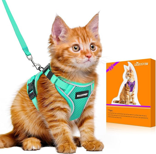 Halypet Cat Harness and Leash Set [MAX Safety 4th-Gen Upgrade] Escape Proof Adjustable Cat Leash Comfortable Soft Vest Easy to Wear Kitten Harness with Reflective Strip for Cats Walking, S Green