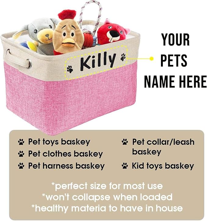 Personalized Dog Toy Storage Basket Collapsible with Pet's Name - Rectangular Custom Organizer Bin for Dog Toys, Coats, Blankets, Clothes | Durable & Space-Saving Design (Custom Pets Name)