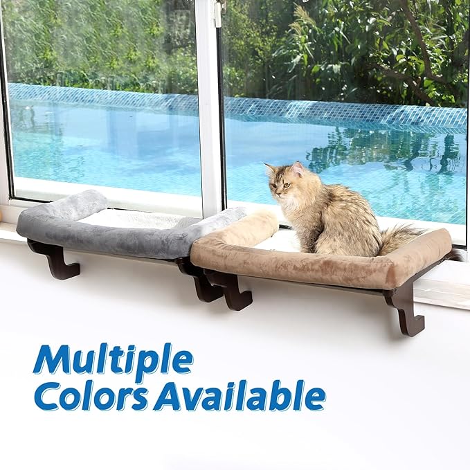 Zakkart Cat Perch for Window Sill with Bolster - Orthopedic Hammock Design with Premium Hardwood & Robust Metal Frame - Cat Window Seat for Large Cats and Kittens - Dark Stained Wood Brown Bed, 24''W