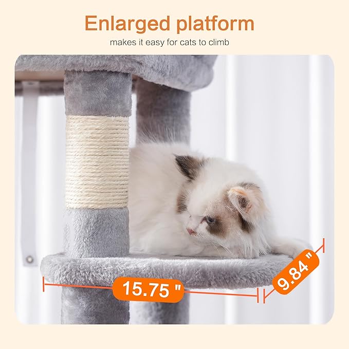 Heybly Cat Tree for Large Cats 20lbs Heavy Duty,60 inches XXL Cat Tower for Indoor Cats, Multi-Level Furniture Condo with Big Padded Plush Perch, Cozy Basket, Light Gray HCT050W