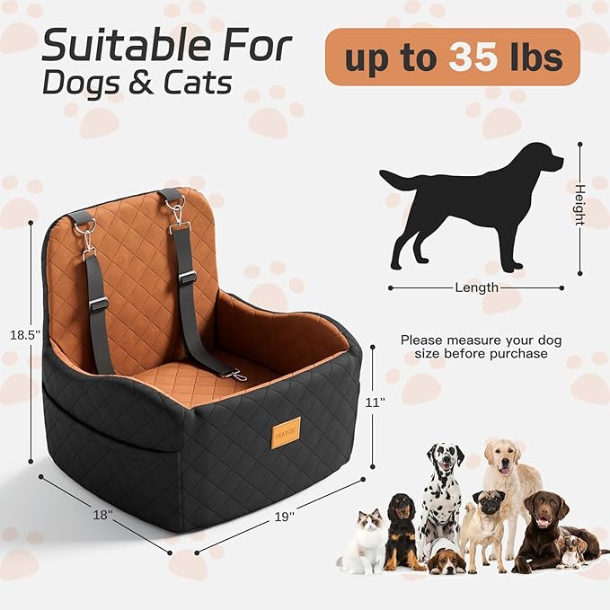 Dog Car Seat for Small/Medium Dogs Under 35lbs, Detachable & Washable Elevated Pet Travel Bed, 2 Storage Pockets & Safety Belt, Anti-Slip Base, Dog Booster Car Seat with Seamless Bottom Design