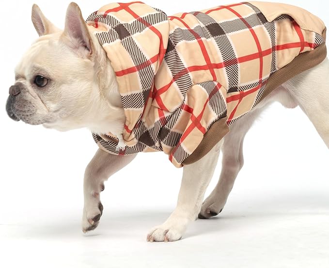 KOOLTAIL Plaid Dog Hoodie for Small Medium Large Dogs - Pet Clothes Sweater with Hat and Pocket for Cold Weather Winter, Warm Soft Dog Hooded Sweatshirt Coat Outfit for Puppy Cats Girls Boys Beige L