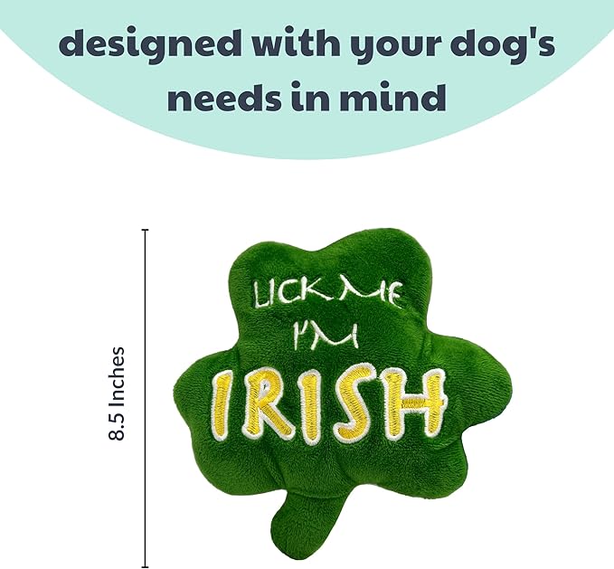 Huxley & Kent Funny Dog Toy w/Squeaker – Power Plush Squeaky Dog Toys for Small, Medium & Large Dogs – Soft Stuffed Animal for Indoor Play & Fetch - Lick Me Shamrock, One Size