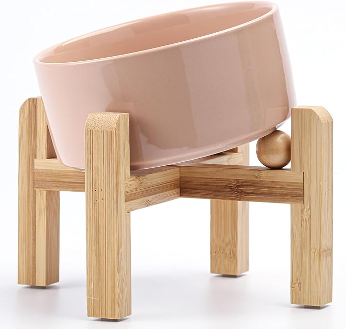 Petygooing Khaki Raised/Elevated 15°Slanted Ceramic Dog Bowl for Small Breeds,Tilted Anti Slip Pet Feeding Bowl,Food Water Dish with Stand for Cats and Small Dogs Puppy 13.5 OZ (5.1In / 1.7 Cups)