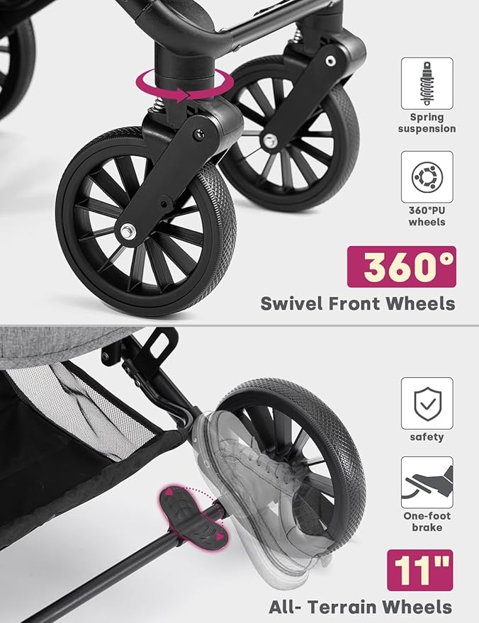 Dog Stroller for Small Medium Dogs Up to 60lbs, 4 Wheels Folding Pet Stroller with Detachable Carrier, Pet Travel Carrier for 2 Dogs & Cats, Storage Basket, Breathable, Grey