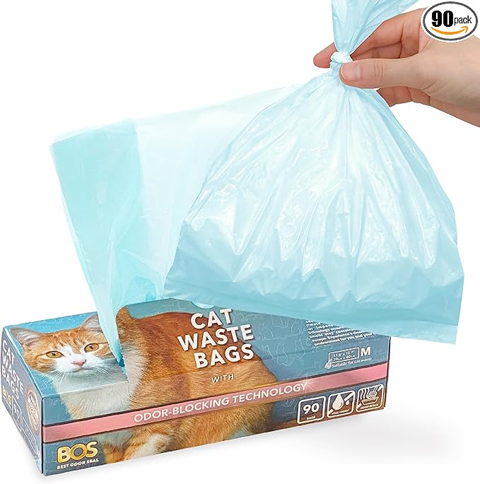 Best Odor-Sealing Cat Poop Bags, BOS for Pet Waste & Kitty Litter - Disposal Bags - Scent & Smell Free (90 bags) [Size: M, Color: Light blue] NOT a litter box liner (Pack of 1)