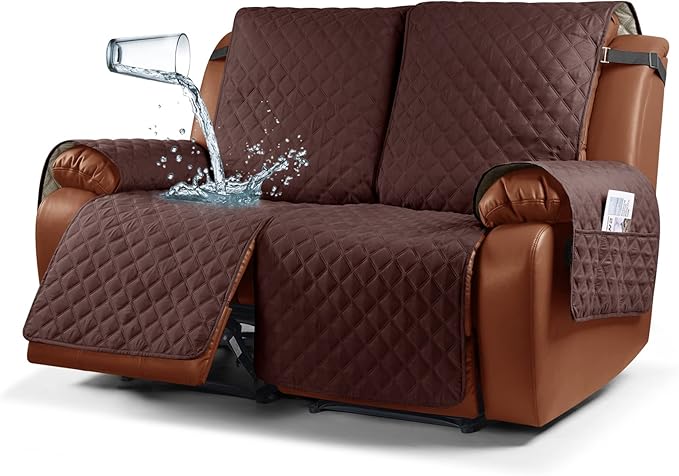 Ruaozz Waterproof Recliner Sofa Cover 1-Piece Couch Covers for Reclining Couches Reclining Sofa Cover Washable Furniture Protector with Elastic Straps Pocket for Kids, Pets (Coffee, 2 Seater)