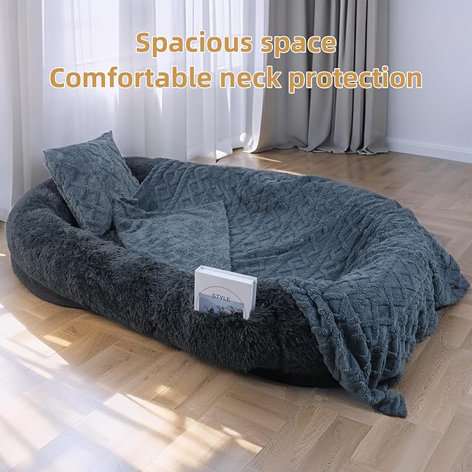 Human Dog Bed, 71''x45''x12'' Size Fits You and Pets, Washable Faux Fur Pet Bed for People Doze Off, Napping Orthopedic Dog Bed, Present Plump Pillow, Blanket, Strap - Dark Grey