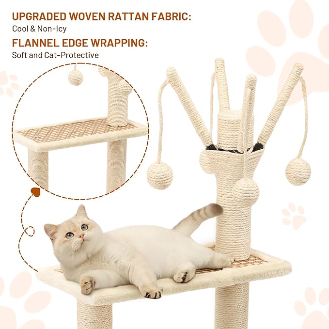 Tall Heavy Duty Rattan Cat Tree Hammock with Scratching Post,Basket,Bed,and Stand Modern Cat Climbing Tower Condo for Indoor Large Adult Cat