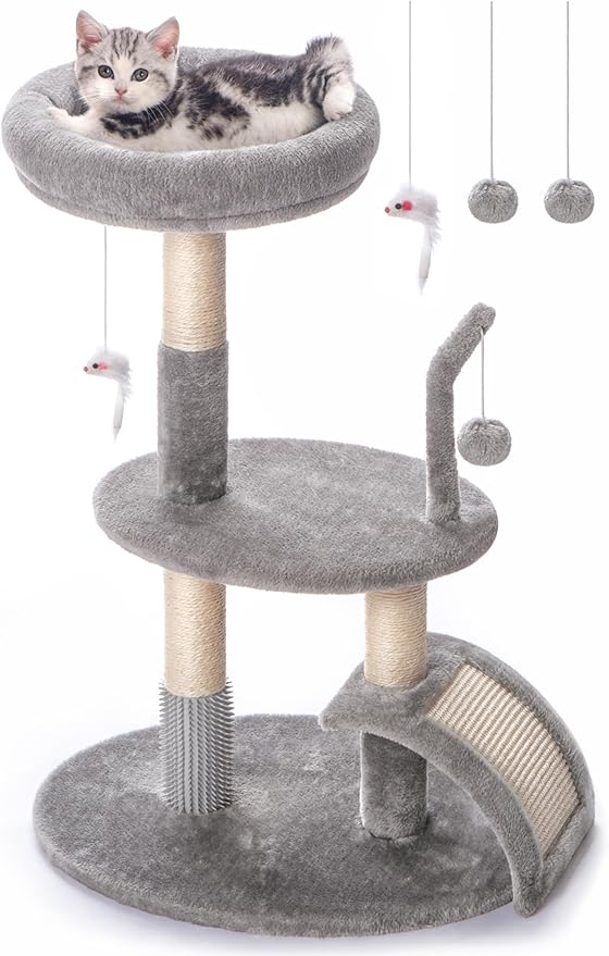 Large Cat Tree Tower with Scratching Post, Modern Kitten Tower for Indoor Cats, Sturdy Tall Carpet Sisal Cat Scratcher Stand with Big Bed Perch,Scratch Ramp,Ball Toy for Kitty Play -Grey