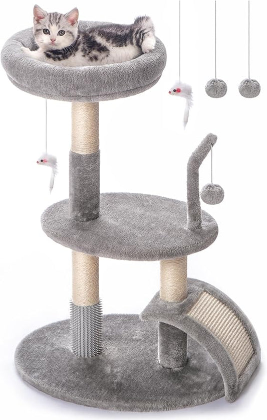 Large Cat Tree Tower with Scratching Post, Modern Kitten Tower for Indoor Cats, Sturdy Tall Carpet Sisal Cat Scratcher Stand with Big Bed Perch,Scratch Ramp,Ball Toy for Kitty Play -Grey