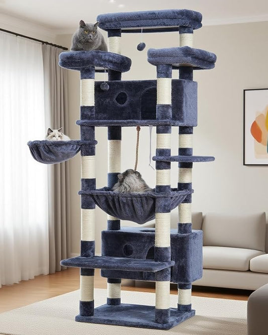 Cat Tree for Indoor Cats Large Adult, 74" Cat Tower with 3 Big Platforms, 2 Baskets, 2 Condos, Multi-Level Cat Scratching Posts, Smoky Gray GCT030G