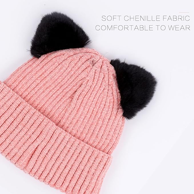 Kids Girls Cat Ear Hat Winter Warm Knit Beanie Cute Ski Skull Cap for Ages 7-12
