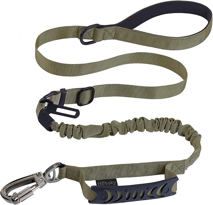 Hotsky Tactical Dog Leash Heavy Duty for Medium Large Dogs That Pull,4-6Ft Strong Bungee Shock Absorbing No Pull Dog Leash with Padded Double Handle and Car Seatbelt,ArmyGreen