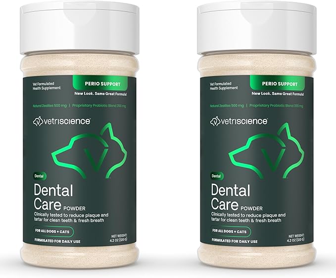 VetriScience Dental Care Dog Dental Powder, 2 Pack – Helps Reduce Plaque & Tartar Buildup, Support Clean Teeth,Fresh Breath, Vet-Formulated Oral Care Powder for Dogs Cats, NASC Certified, 2 x 4.2oz