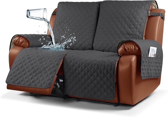 Ruaozz Waterproof Recliner Sofa Cover 1-Piece Couch Covers for Reclining Couches Reclining Sofa Cover Washable Furniture Protector with Elastic Straps Pocket for Kids, Pets (Charcoal Grey, 2 Seater)