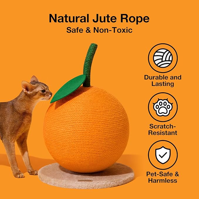 VETRESKA Orange Cat Scratching Post, Cute Cat Scratcher with Sisal Rope, Vertical Cat Scratch Post for Indoor Cat and Kitten, Cat Scratching Ball