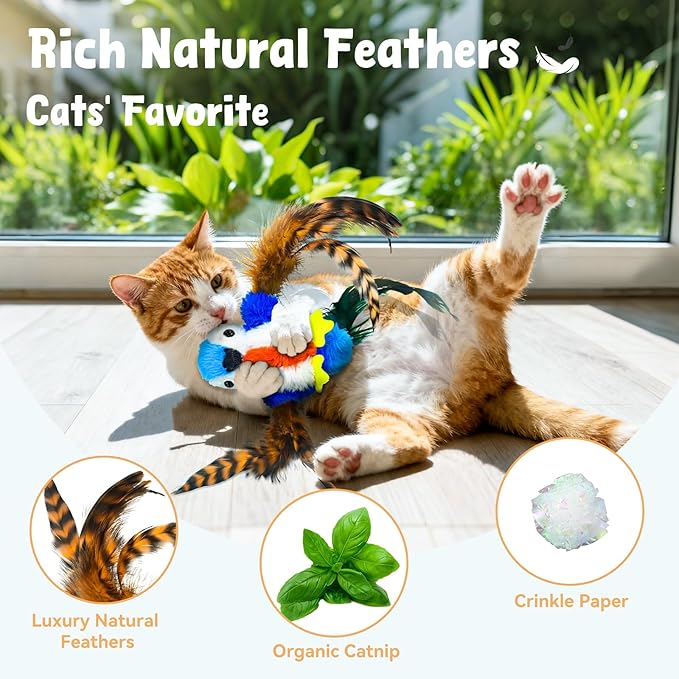 Interactive Cat Toys for Indoor Cats, Hanging Catnip Electric Kitten Toys - Automatic Flying Bird Cat Wand Toy for Bored Indoor with Timer Touch Start