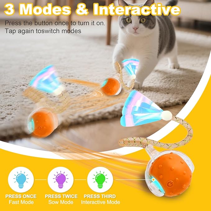 3-Pack Interactive Cat Toys Ball for Indoor Cats＆Dog,Automatic Cat Toy with Elastic Mesh Tail,Rechargeable Rolling Kitten Toy,Include 12 Cat Spiral Spring,Cat Enrichment Toys for Indoor Cats