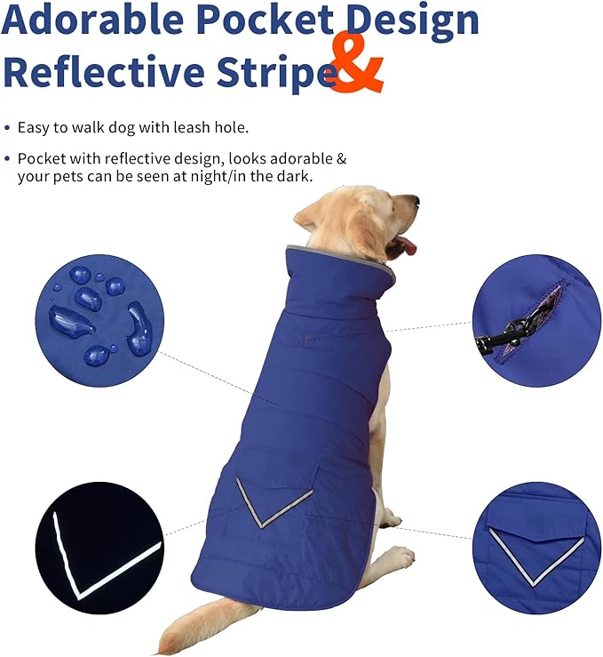 Dog Coat, Waterproof Dog Winter Jacket with Pocket, Reflective Adjustable Pet Snow Vest, Warm Cozy Fleece Sweater for Small Medium Extra Large Dogs - Blue, 3XL