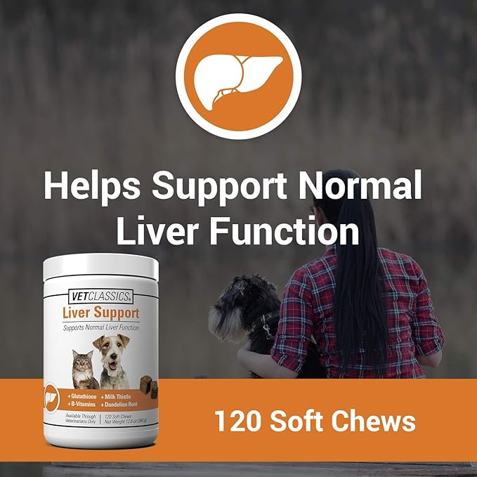 Vet Classics Liver Support Pet Health Supplement for Dogs, Cats – Liver Functions – B-Vitamins, Glutathione, Milk Thistle – Soft Tablets, Chews – 120 Soft Chews