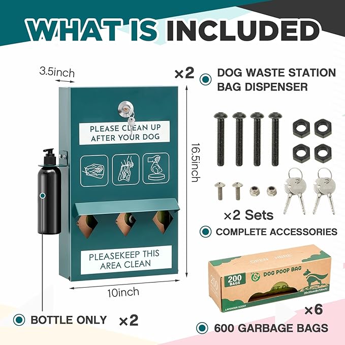 Abbylike 2 Set Outdoor Dog Bag Storage Dispenser with Bags and Hand Sanitizer Bottle Green Poop Station Wall Mounted Dog Waste Container for Pet Waste Wall Home Porch Lawn Yard Fence