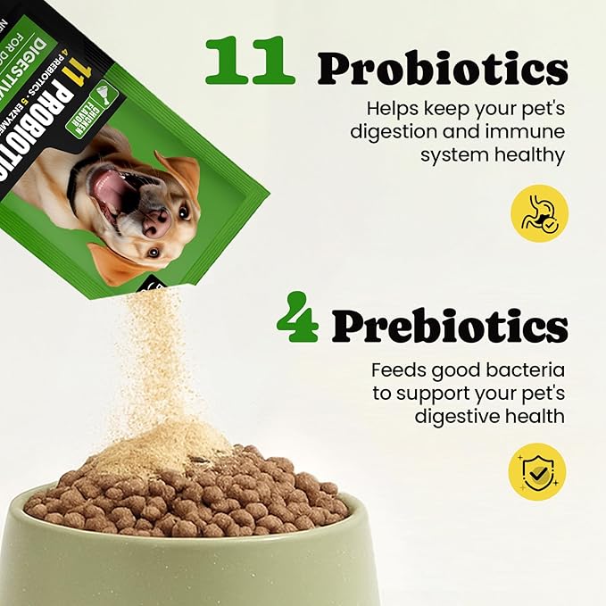 Probiotics for Dogs - 11 Strains with 4 Prebiotics & 5 Enzymes, Dog Probiotics Powder for Diarrhea, Digestive Health & Food Sensitivities, Chicken Flavor Dog Probiotic - 60 Single Packets