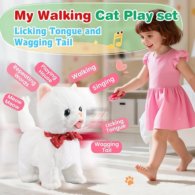 White Leash Walking Cat Set Toy Interactive Talking Cat Singing Dancing Kitten Mimicking Repeat What You Say Kitty Touch and Voice Control Nodding Wagging Tail Plush Electric Robot for Kid Girl