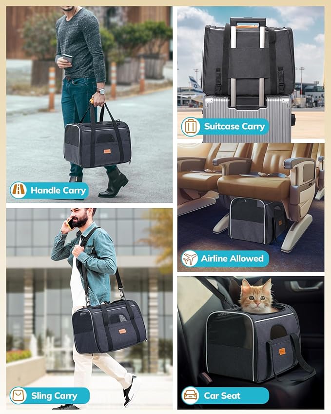Morpilot Cat Carrier - Cat Carrier Soft for Medium or Large Cats up to 20lbs, with Dual-Sided Cushion, Secure Buckle and Foldable Bowl, Dog Carriers for Small Dogs - Pet Carrier (Dark Gray)