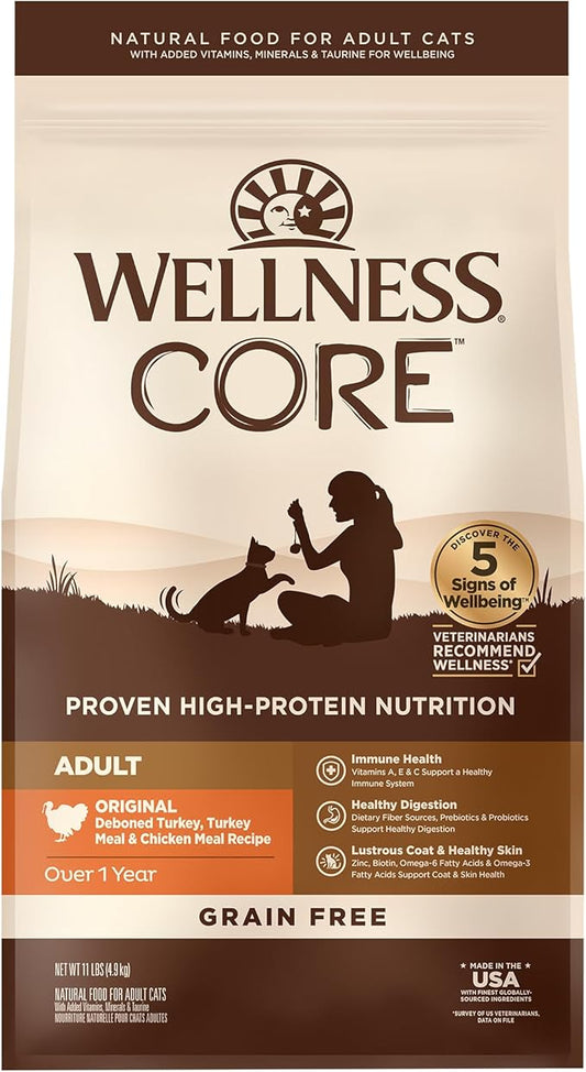 Wellness CORE Adult Dry Cat Food for Indoor & Outdoor Cats, Grain-Free, Natural, Original Turkey, Turkey Meal & Chicken (11 Pound Bag)