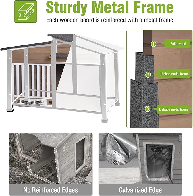 GUTINNEEN Heated Dog House Outdoor Dog Kennel with Safe Heated Pad, Chew-Proof Metal Frame and Rotating Food Bowl for Small to Medium Dogs, 39.7"x25.5"x32.2" (Light Brown)