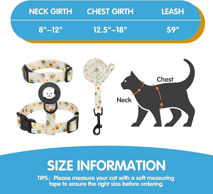 BINGPET Cat Harness and Leash Set Escape Proof for Walking,Adjustable Kitten Harness with Airtag Holder for Small Medium Large Cats (Cute Bee Print,Neck:8"-12",Chest:12.5"-18")