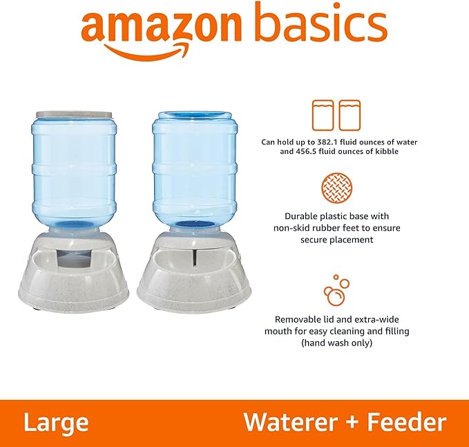 Amazon Basics Automatic Dog Cat Water Dispenser Gravity Feeder and Waterer Set, Large, 456.6fl.oz food feeder, 382.1fl.oz water dispenser, Gray