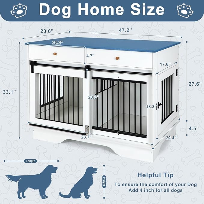 Dog Crate Furniture for 2 Dogs, Dog Kennel with 2 Storage Drawers & Divider, Large Double Dog Cage As TV Stand, Furniture Style Dog Crates with Sliding Barn Door (Blue & White)