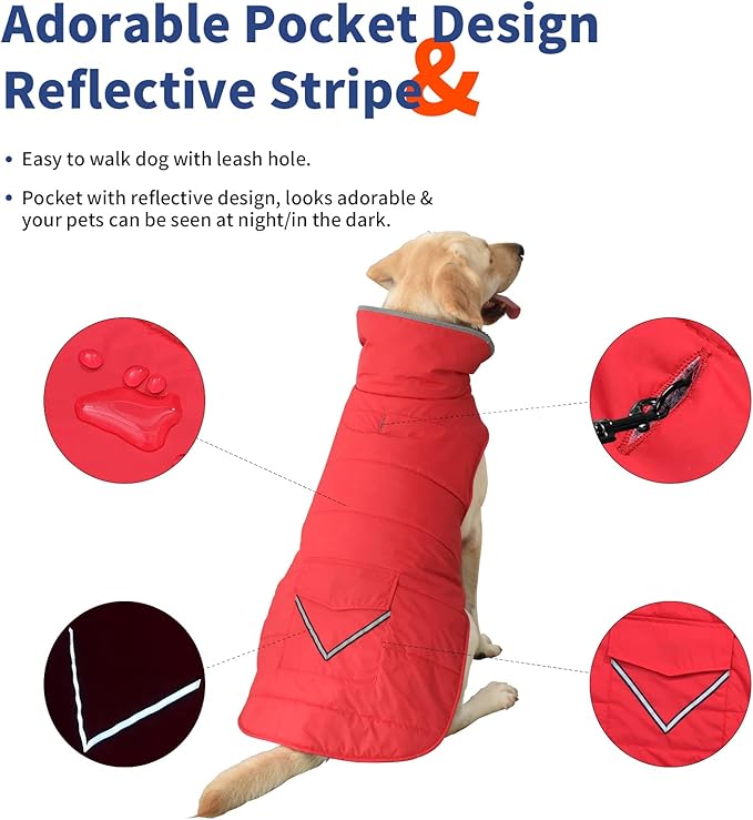 Dog Coat, Waterproof Dog Winter Jacket with Pocket, Reflective Adjustable Pet Snow Vest, Warm Cozy Fleece Sweater for Small Medium Extra Large Dogs - Red, L