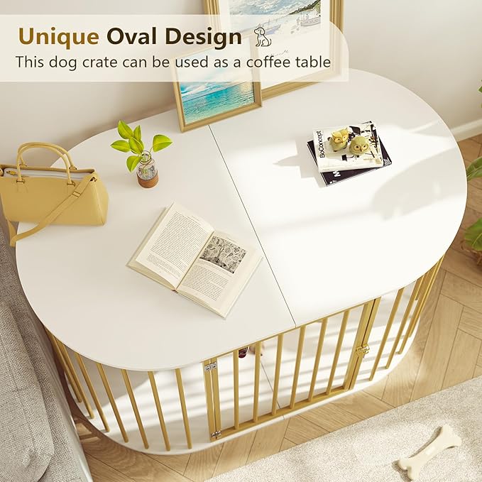 TVU 48 Inch Dog Crate Furniture, Heavy Duty Dog Kennel Indoor for Large Dogs, Oval Decorative Pet House End Table for Living Room, Bedroom, Hallway, 47.2" L x 27.6" W x 31.5" H, White, Gold