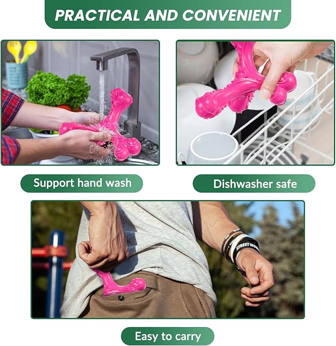 Dog Chew Toys for Aggressive Chewers Large Breed,Indestructible Bones Toy，Durable Cleaning Toothbrush Natural Rubber Dog Toys… (Pink)