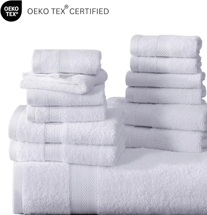 LANE LINEN 100% Mercerized Cotton Luxury Bathroom Towel Set - 16 Pcs - Super Soft, Fluffy & Highly Absorbent - 4 Bath Towels, 8 Washcloths, 4 Hand Towels - Complete Family Pack - White Bath Towel Set