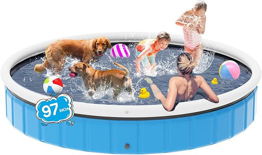 97in Extra Large Foldable Dog Pool, Big Portable Hard Plastic Swimming Pool for Kids, Dogs and Pets Collapsible Dog Bath Tub for Outdoor Backyard, 97" x 13"
