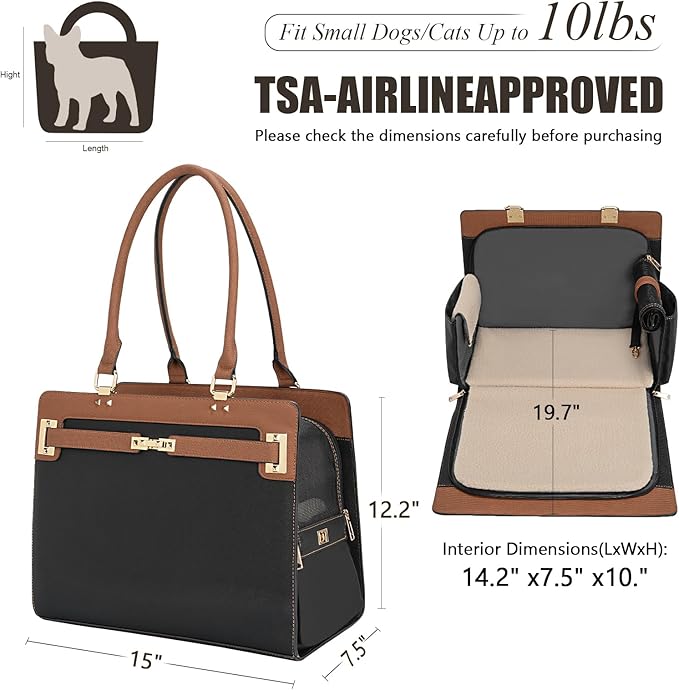 2-in-1 Stylish Dog Purse Carrier Soft-Sided Carriers Travel Tote Bag for Small Dogs Cats, Fashion Foldable Pet Bag for Puppies Small Animals with Pockets (Black+Brown, 15" L x 7.5" W x 12.2" H)