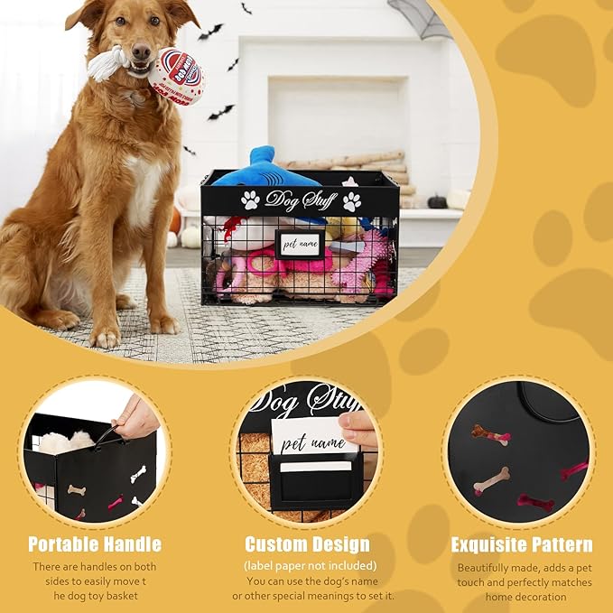 Dog Toy Bin - Metal Dog Toy Basket Box with Handles and Label Position Design Perfect for Pet Toys, Blankets, Clothes and Food (Not Included Label)