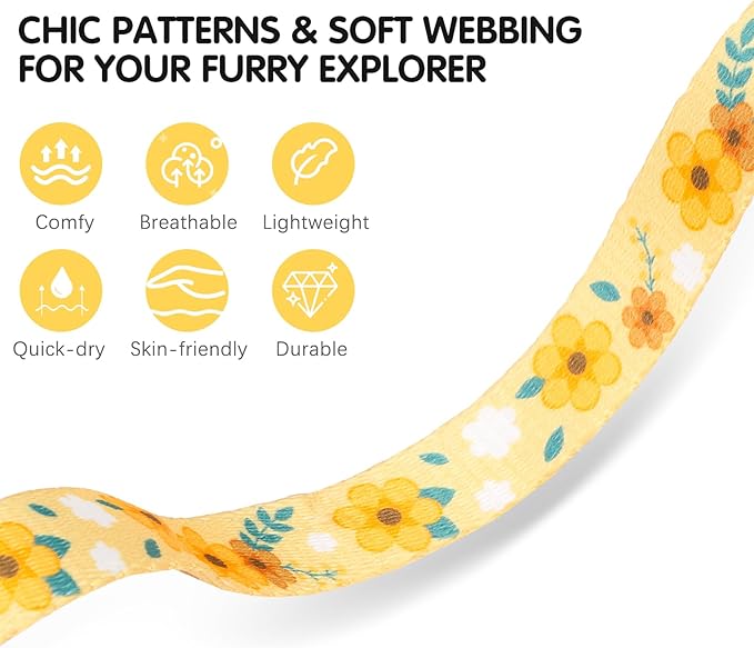 BINGPET Cat Harness and Leash Set Escape Proof for Walking,Adjustable Kitten Harness with Airtag Holder for Small Medium Large Cats (Yellow Flower Print,Neck:8"-12",Chest:12.5"-18")