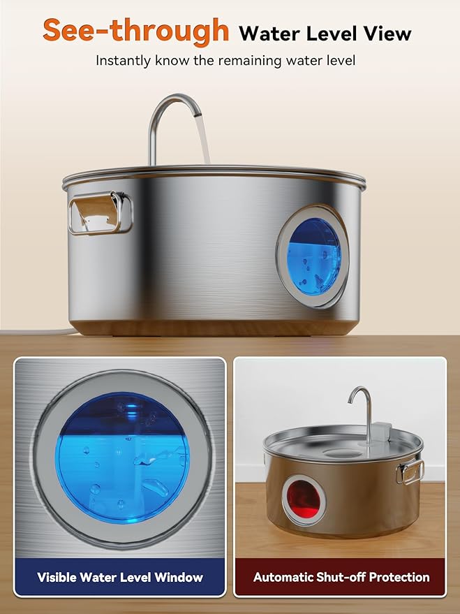 Dog Water Fountain for Large Dogs, 3.2Gal/406oz/12L Stainless Steel Dog Water Fountain, Quiet Dog Water Bowl Dispenser with Visible Window for Multi-pet Home, Includes 7 Filters Set