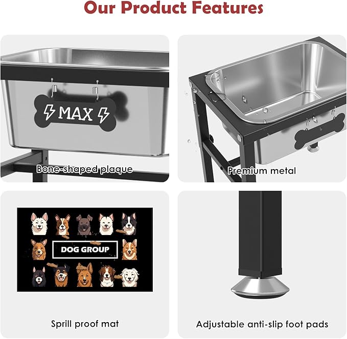2.8 Gallon Elevated Large Dog Water Bowl, ADENGL 4-Height Adjustable (9.4–14.2'') Raised Stainless Steel Bowl, Dog Bowls Elevated with Spill-Proof Mat & Sturdy Metal Stand for Indoor/Outdoor Use