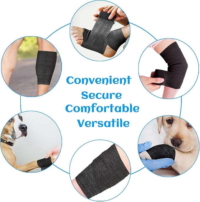 36 Rolls Sensi Wrap Elastic Self Adhesive Bandage Wrap 2 Inch, Breathable Non Woven Cohesive Bandage, Vet Wrap for Dogs, Ankle Sprains Swelling Medical First Aid Tape, Sports Athletic Grip Tape Black