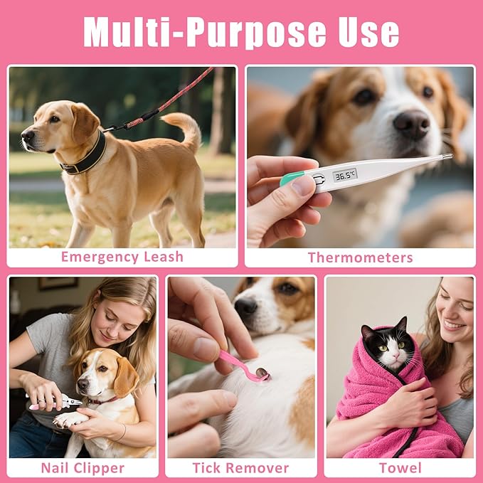 Pet First Aid Kit for Dogs - Pet Emergency Kit for Camping Hiking Traveling Hunting and Sports (Pink)