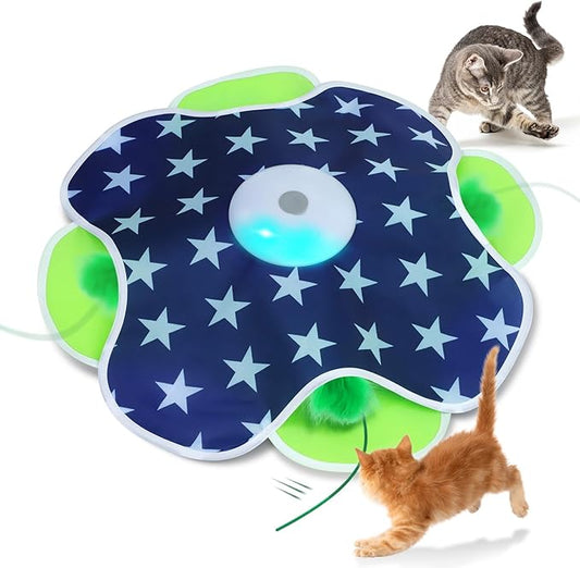 Interactive Cat Toys with Moving Feather Concealed in Mat, Rechargeable Cat Exercise Toys for Bored Cats with Motion Activated, Mouse Squeaky