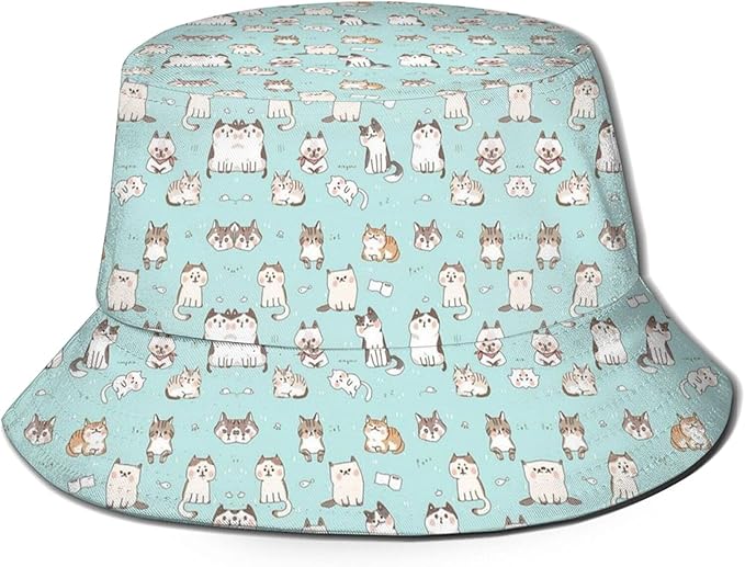 Funny Cute Cats Bucket Hats for Women Men Cartoon Pattern Fisherman Hat Packable Sun Hats