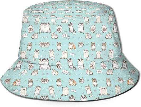 Funny Cute Cats Bucket Hats for Women Men Cartoon Pattern Fisherman Hat Packable Sun Hats