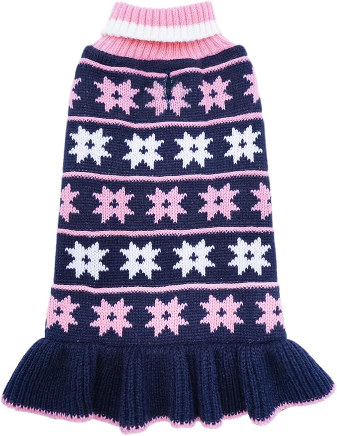 KYEESE Dog Sweater for Medium Dogs Fall Winter for Girl Dogs Clothes Warm Pet Coats with Leash Hole Pullover Dog Sweater Dress Knit Turtleneck Pet Sweater with Snow Flake Pattern, Navyblue, XX-Large